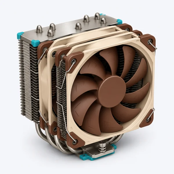 Noctua NH-D15 製品写真（茶色の NF-A15 ファン 2 基を搭載した 140mm デュアルタワー空冷クーラー）